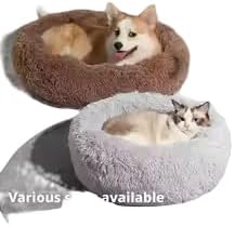 Plush Pet Bed, Round Donut Shape, Medium Size 24x20x3 Inches, Long Plush Material, Washable Cushion Mat for Cats and Dogs, Indoor Use, Winter Warm, Beige
