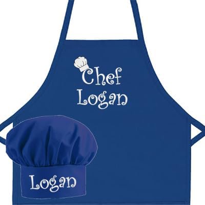 Made in the USA Personalized Embroidered Premium Child Apron and Chef Hat for Kids Girls Boys Fun in the Kitchen Gift (CAN Royal, Long with hat)