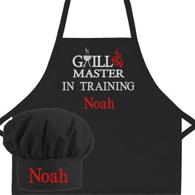 Made in the USA Personalized Embroidered Premium Child Apron and Chef Hat for Kids Girls Boys Fun in the Kitchen Gift (GrillMasterTraining, Regular with hat)