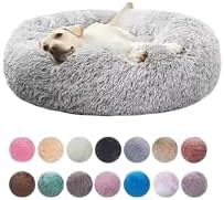 Plush Pet Bed, Round Donut Shape, Medium Size 24x20x3 Inches, Long Plush Material, Washable Cushion Mat for Cats and Dogs, Indoor Use, Winter Warm, Beige
