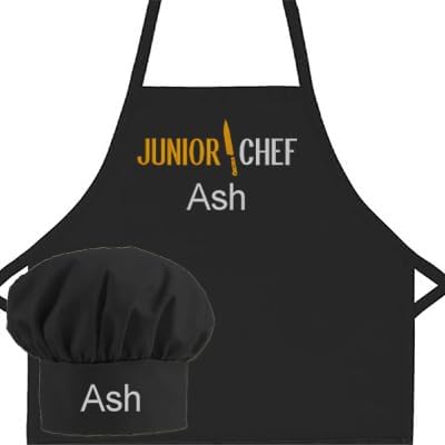 Made in the USA Personalized Embroidered Premium Child Apron and Chef Hat for Kids Girls Boys Fun in the Kitchen Gift (JuniorChef, Long with hat)