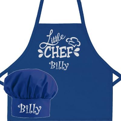 Made in the USA Personalized Embroidered Premium Child Apron and Chef Hat for Kids Girls Boys Fun in the Kitchen Gift (Little Chef, Long with hat)