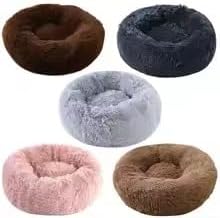 Plush Pet Bed, Round Donut Shape, Medium Size 24x20x3 Inches, Long Plush Material, Washable Cushion Mat for Cats and Dogs, Indoor Use, Winter Warm, Beige