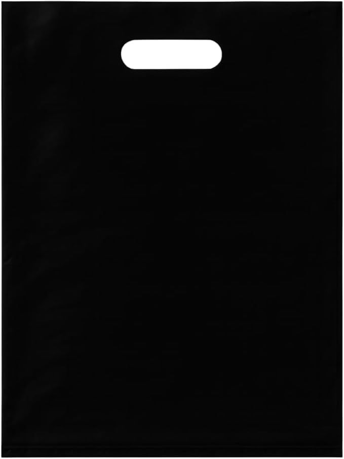 ASSUREPAK Black Plastic Merchandise Bag - 100 Bags - LDPE Die Cut Handle Bag for Retail, Store, Market, Convenience Store - 12"x15" - 1.5 mil