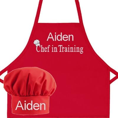 Made in the USA Personalized Embroidered Premium Child Apron and Chef Hat for Kids Girls Boys Fun in the Kitchen Gift (Chef in Training, Regular with hat)
