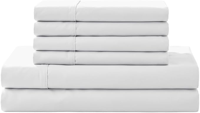 Linen Home 100% Cotton Percale Sheet Set, Queen Size, White, Deep Pocket, 6 Pieces Set - 1 Flat, 1 Deep Pocket Fitted Sheet and 4 Pillowcases, Crisp Cool and Strong Bed Linen