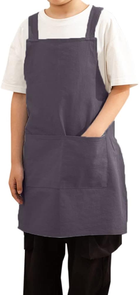 Kids Cotton Cross Back Aprons Children Chef Pure Child Apron with 2 Pockets for Baking Painting Cooking