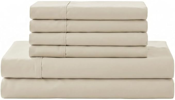 Linen Home 100% Cotton Percale Sheet Set, Queen Size, Ivory, Deep Pocket, 6 Pieces Set - 1 Flat, 1 Deep Pocket Fitted Sheet and 4 Pillowcases, Crisp Cool and Strong Bed Linen