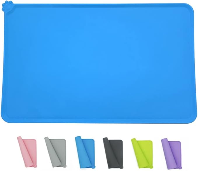 Silicone Pet Feeding Mat, Waterproof Dog Cat Bowl Mat, Raised Edges to Prevent Spills, Easy Clean Nonslip Dogs and Cats Placemat Tray to Stop Food and Water Bowl Messes on Floor (Blue)