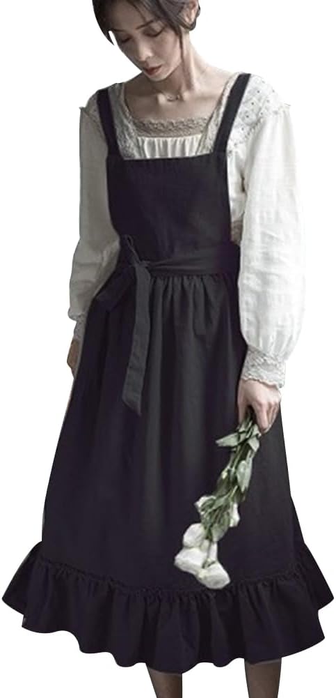 ODIZLI Frill Apron for Women Cotton Cross Back Vintage Ruffle Apron for Garden Cooking Aprons