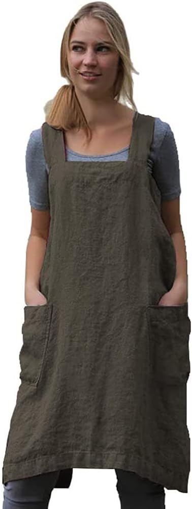 Women's Practical Cross Back Pinafore Apron with Large Pockets Home Kitchen,Restaurant,Coffee house,Cooking Gardening Works