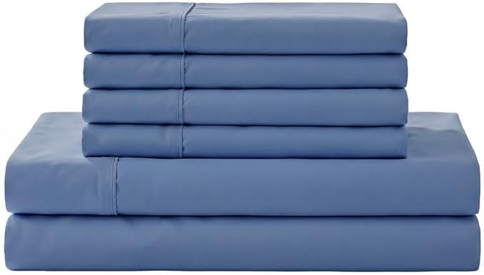 Linen Home 100% Cotton Percale Sheet Set, Cal King Size, Baby Blue, Deep Pocket, 6 Pieces Set - 1 Flat, 1 Deep Pocket Fitted Sheet and 4 Pillowcases, Crisp Cool and Strong Bed Linen