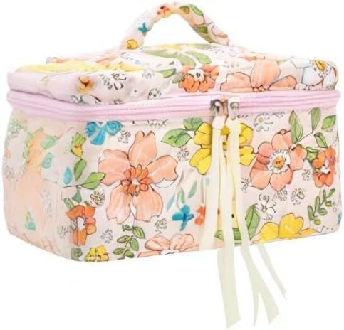 PAZIMIIK Quilted Makeup Bag Large Travel Zipper Soft Cosmetic Case for Women Girls Make Up,Floral Orange
