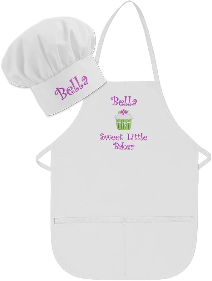 Made in the USA Personalized Embroidered Premium Child Apron and Chef Hat for Kids Girls Boys Fun in the Kitchen Gift