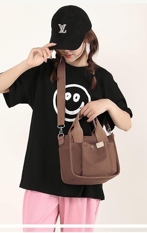 Small Canvas Tote Bag with Zipper, Canvas Multi-Pocket Crossbody Bag Purse Top Handle Satchel Handbags