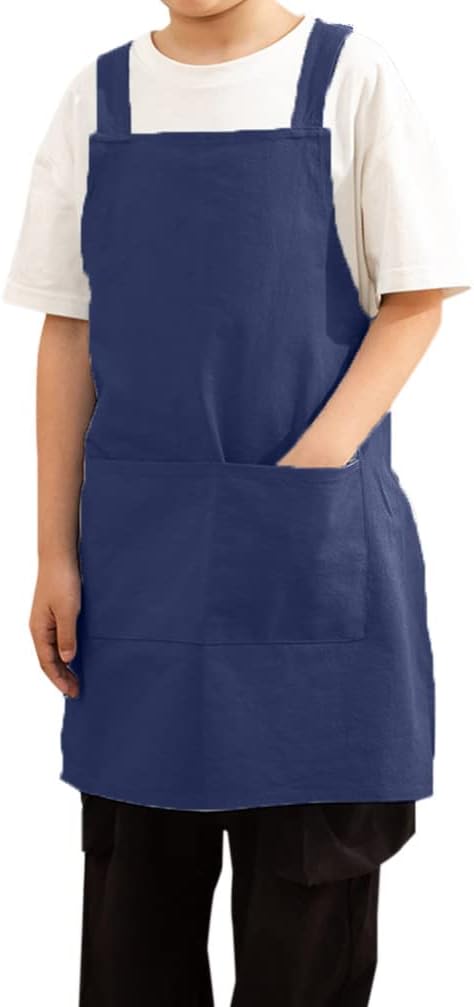 Kids Cotton Cross Back Aprons Children Chef Pure Child Apron with 2 Pockets for Baking Painting Cooking