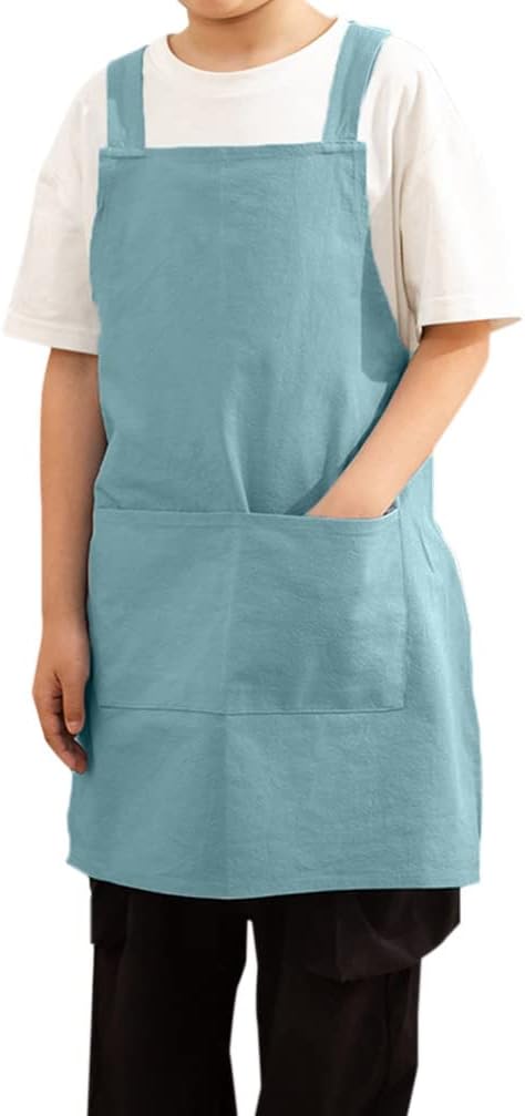 Kids Cotton Cross Back Aprons Children Chef Pure Child Apron with 2 Pockets for Baking Painting Cooking