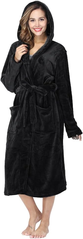 RONGTAI Womens Robes Plush Fleece Hooded Bathrobe Thick Nightgown with Pockets Fluffy Sleepwear