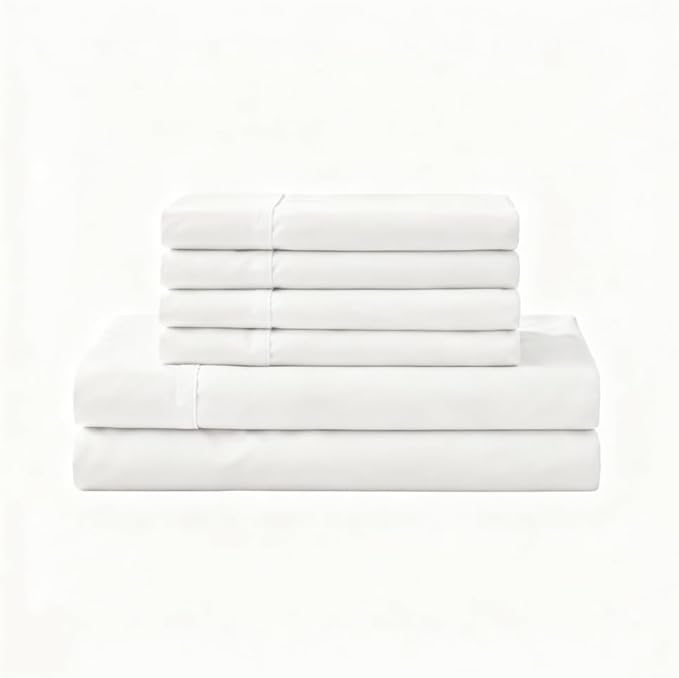 Linen Home 100% Cotton Percale Sheet Set, Full Size, Snow White, Deep Pocket, 6 Pieces Set - 1 Flat, 1 Deep Pocket Fitted Sheet and 4 Pillowcases, Crisp Cool and Strong Bed Linen