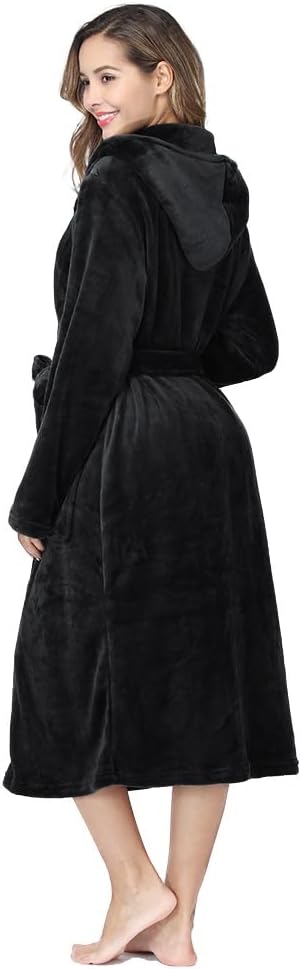 RONGTAI Womens Robes Plush Fleece Hooded Bathrobe Thick Nightgown with Pockets Fluffy Sleepwear