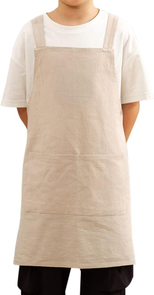 Kids Cotton Cross Back Aprons Children Chef Pure Child Apron with 2 Pockets for Baking Painting Cooking