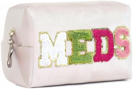 uekeboag PU Leather Medicine Bag with Zipper,Cute Chenille Letter Patches Travel Toiletry Meds Pouch for Women Girls, Daily Use Portable Organizer Cosmetic Bag (Beige- Colorful -MEDS)