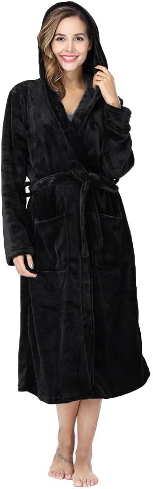 RONGTAI Womens Robes Plush Fleece Hooded Bathrobe Thick Nightgown with Pockets Fluffy Sleepwear