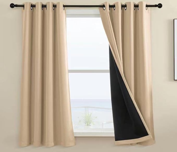 Rutterllow 100% Blackout Curtains, Full Shade Long Complete Drapes for Living Room, Thermal Insulated Bedroom Window Treatment Drapes (2 Panels, Khaki, 52 x 54 inch)