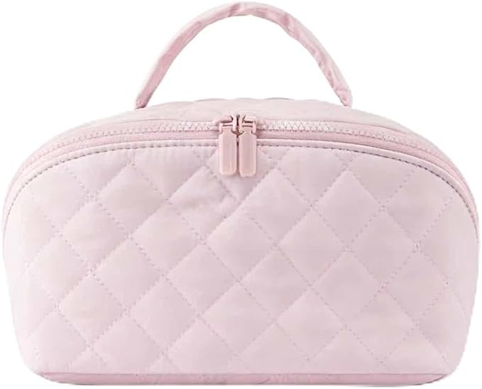 Petition Travel Makeup Bag For Women - Quilted Makeup Bag,180° Open Lay-Flat Cosmetic Case,5 Colors Large Capacity Waterproof Make Up Bag Set,With Compartments (Pink)