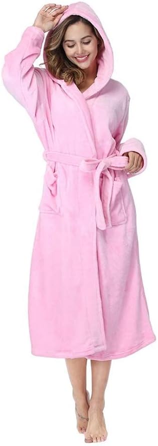 RONGTAI Womens Robes Plush Fleece Hooded Bathrobe Thick Nightgown with Pockets Fluffy Sleepwear