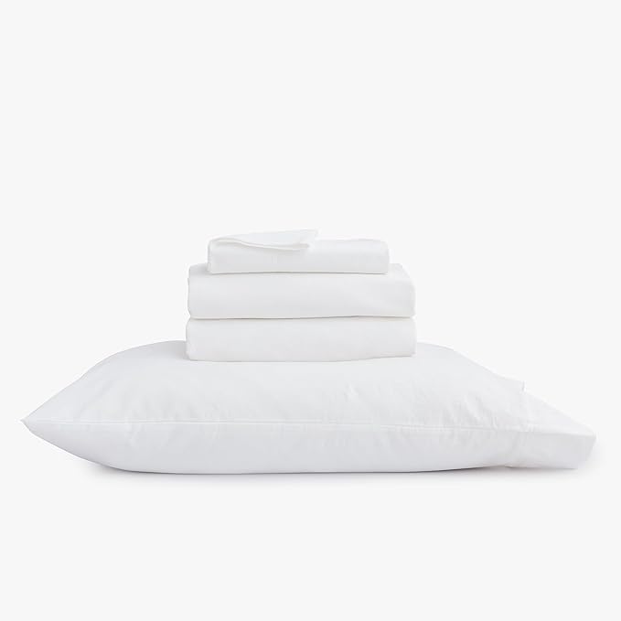 BESTOUCH Sheet Set 100% Washed Cotton Linen Feel Super Soft Comfortable Chic Lightweight 3 Pcs Home Bedding Set Solid Bright White Twin