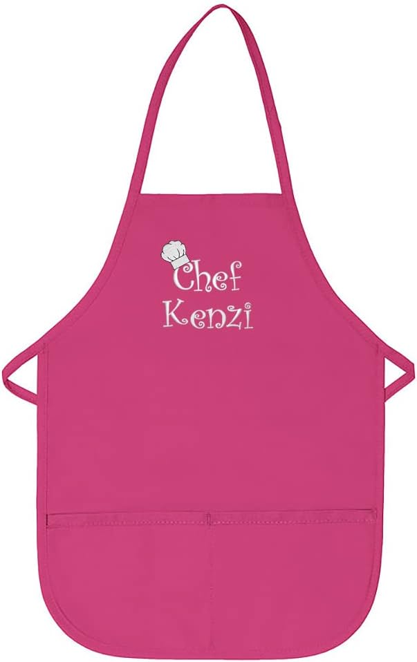 Made in the USA Chef Any Name Child Personalized Embroidered Premium Child Apron for Kids Girls Boys Fun in the Kitchen Gift Hot Pink Long