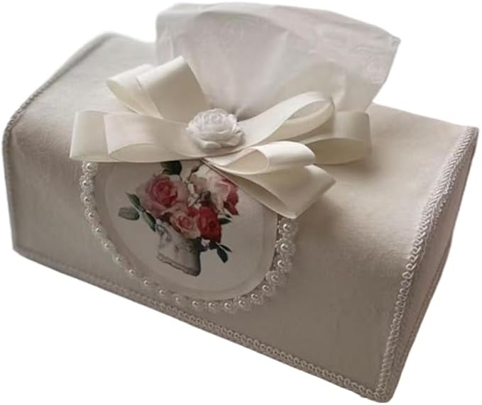 Tissue Cover Holder Fabric Art Cute Tissue Box Cover Dispenser Napkin Organizer for Bathroom Bedroom Office and Car (B - Beige)