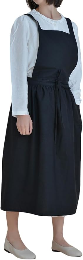 Japanese apron Women-Cross Back Apron for Women with Pockets, Pinafore Aprons, Womens Cotton Linen Apron
