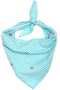 THE WORTHY DOG Classic Tie-On Dog Bandana – Soft Cotton Flannel Square Pet Bandana, Gingham Flamingos Pattern, Aqua, Small