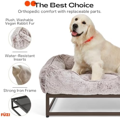 FUZI Elevated Dog Bed Small with Extra Cover, Luxury Raised Pet Bed, Removable and Machine Washable Cover, Indoor/Outdoor Orthopedic, Small 25.1x16.75x18 Soft White and Black Base
