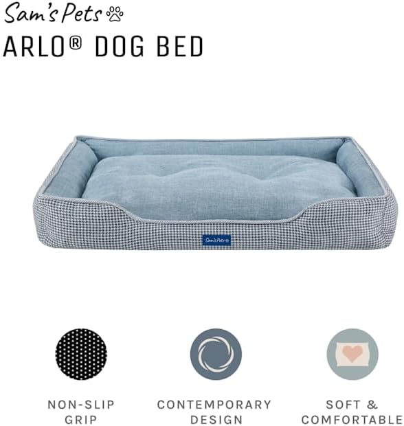 Sam's Pets Arlo Orthopedic Blue Plaid Dog Bed with Soft Fabric, Easy Cleaning, Non-Slip Grip, Modern Design, Large