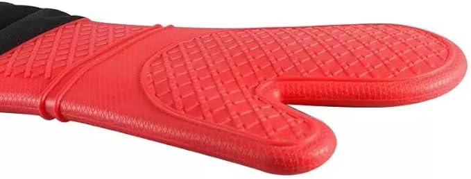 Extra Long Silicone Oven Mitts Heavy Duty Commercial Grade Oven Mitts Heat Resistant BBQ Gloves with Quilted Cotton Lining 2 Pack (Red)