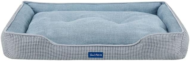 Sam's Pets Arlo Orthopedic Blue Plaid Dog Bed with Soft Fabric, Easy Cleaning, Non-Slip Grip, Modern Design, Large