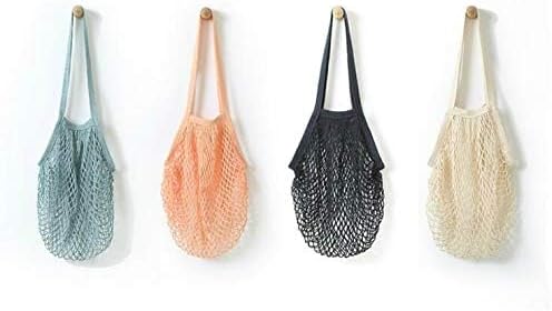JM-capricorns 4 Pack Portable Reusable Grocery Bags Fruit and Vegetable Bag Washable Cotton Mesh String Organic Organizer Shopping Handbag Long Handle Net Tote (blue,Black,Beige,Orange)