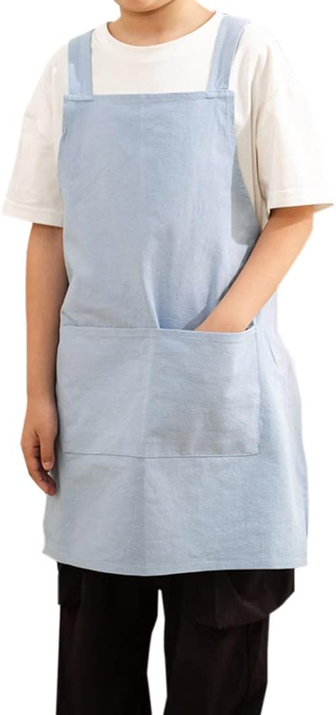 Kids Cotton Cross Back Aprons Children Chef Pure Child Apron with 2 Pockets for Baking Painting Cooking