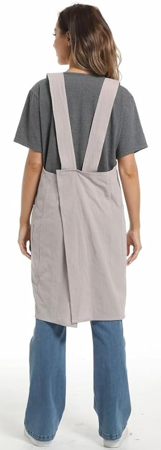 Linen Cotton Aprons for Women Smock Cross-Back Apron with Pockets