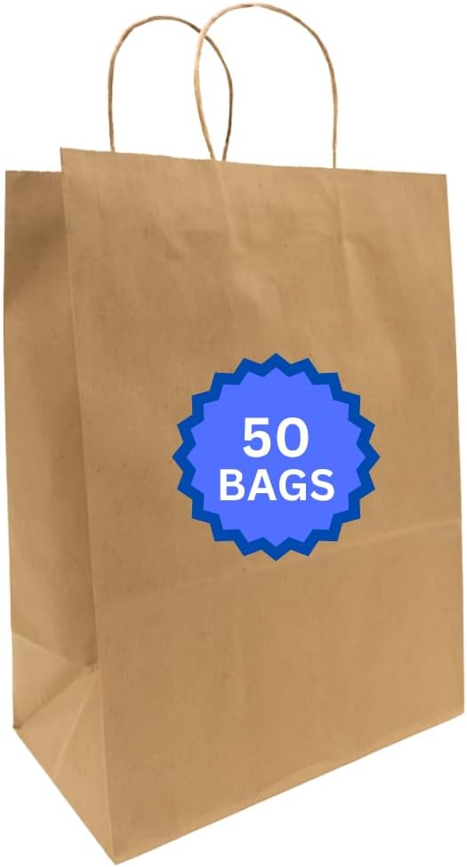 ASSUREPAK DIY Grocery Paper Bags - 50 Bags -12"x9"x16" - 74LB (110 GSM strong) Twisted Handle - Kraft/Natural - Recyclable Food & Supermarket Bags for Decorating & Branding