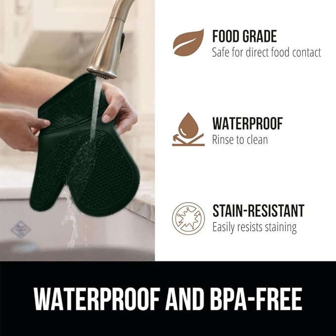 GORILLA GRIP BPA-Free Soft Silicone Oven Mitts, 14.5x8.3, Heat Resistant and Waterproof Cooking Gloves, Thick Cotton Lining, Flexible Gripping for Baking Grilling, Kitchen Potholders Set, Hunter Green