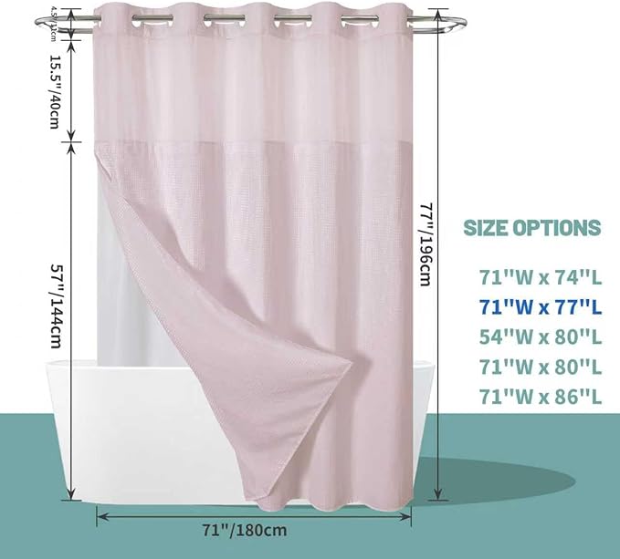 eachope BlushPink No Hook Waffle Weave Shower Curtain with snap-in Liner Replacement, 230GSM Waterproof Fabric Hotel Shower Curtain Set for Bathroom, Through Mesh Top Window,71Wx77H