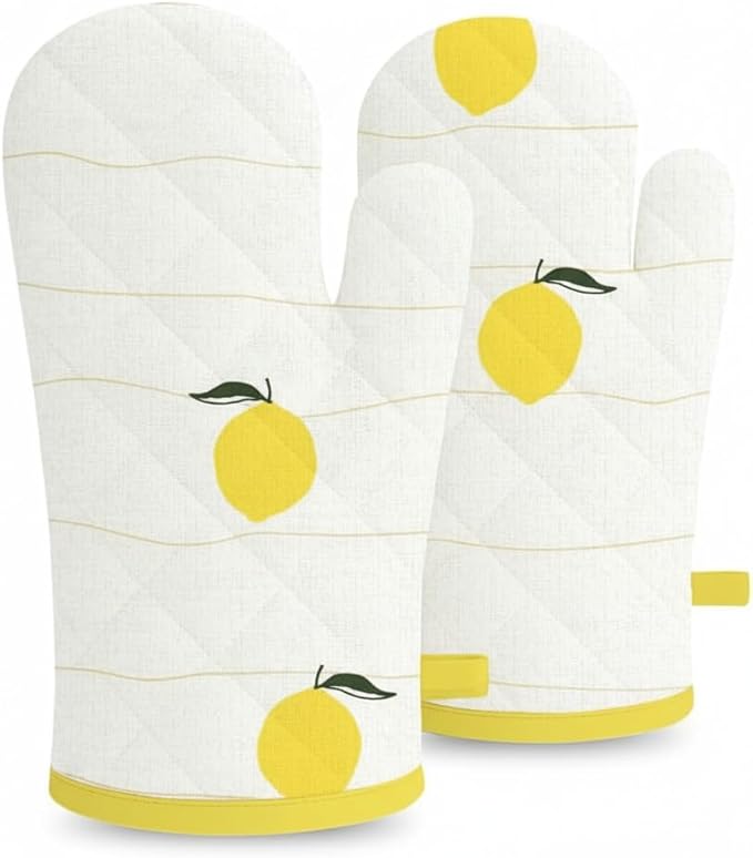 Oven Mitts (Set of 2) | Heat Resistant Oven Gloves Kitchen,Safe for Baking, BBQ, Grilling | Cooking Gloves | Soft & Durable | Machine Washable (Lemon Zest Print)