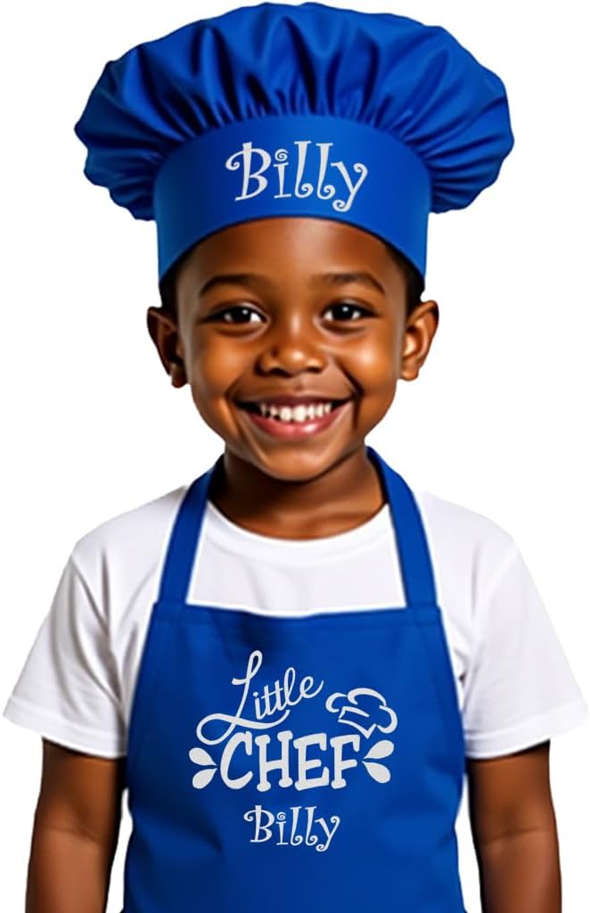 Made in the USA Personalized Embroidered Premium Child Apron and Chef Hat for Kids Girls Boys Fun in the Kitchen Gift (Little Chef, Long with hat)