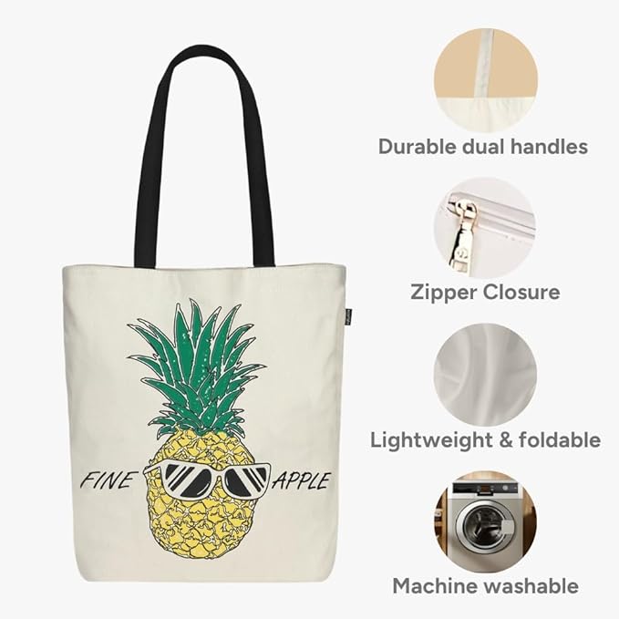 Ecoright Tote Bag for Women with Zipper, Small Tote Bag, Canvas Bag, Reusable Cotton Bag for Beach, Grocery, School & Work