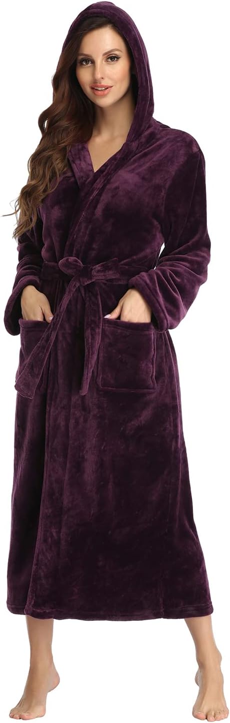 RONGTAI Womens Robes Plush Fleece Hooded Bathrobe Thick Nightgown with Pockets Fluffy Sleepwear