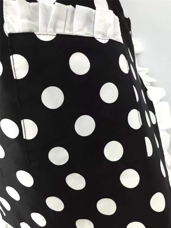 Hyzrz Cute Apron Retro Black Polka Dot Retro Ruffle Side Vintage Cooking Aprons with Pockets for Women Girls (Side White)